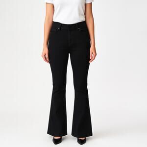 Susan Graver Black High Rise Flare Jeans Pull On Stretch Denim 10 Tall New